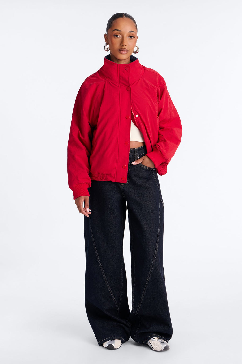 Everyday Muse Nylon Fur Trim Bomber Jacket - Red