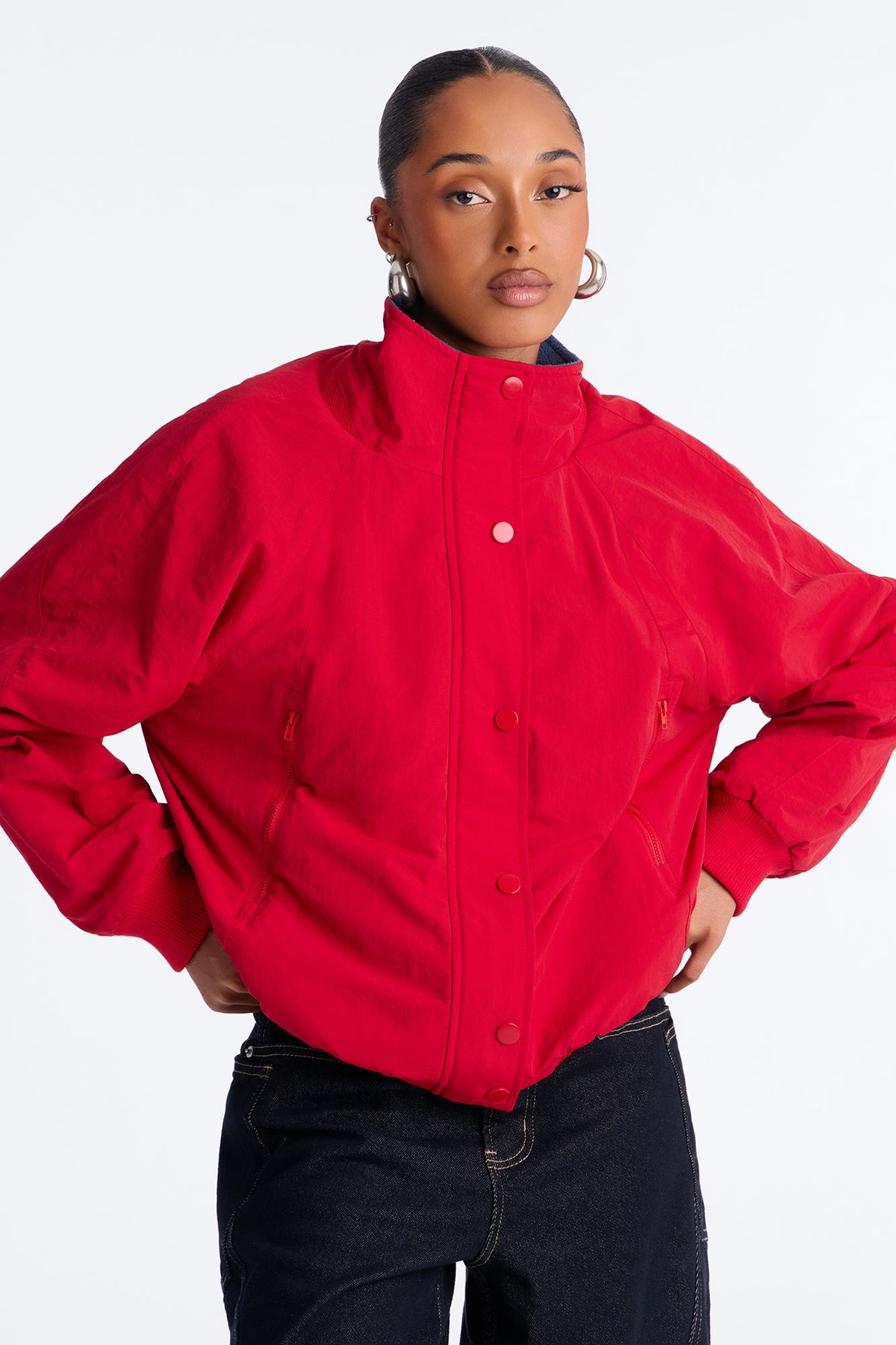 Everyday Muse Nylon Fur Trim Bomber Jacket - Red