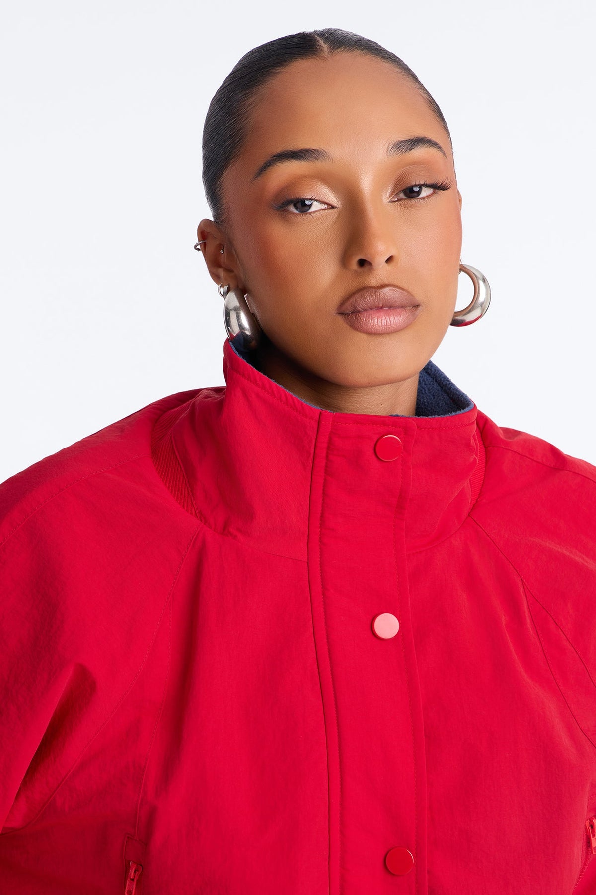 Everyday Muse Nylon Fur Trim Bomber Jacket - Red