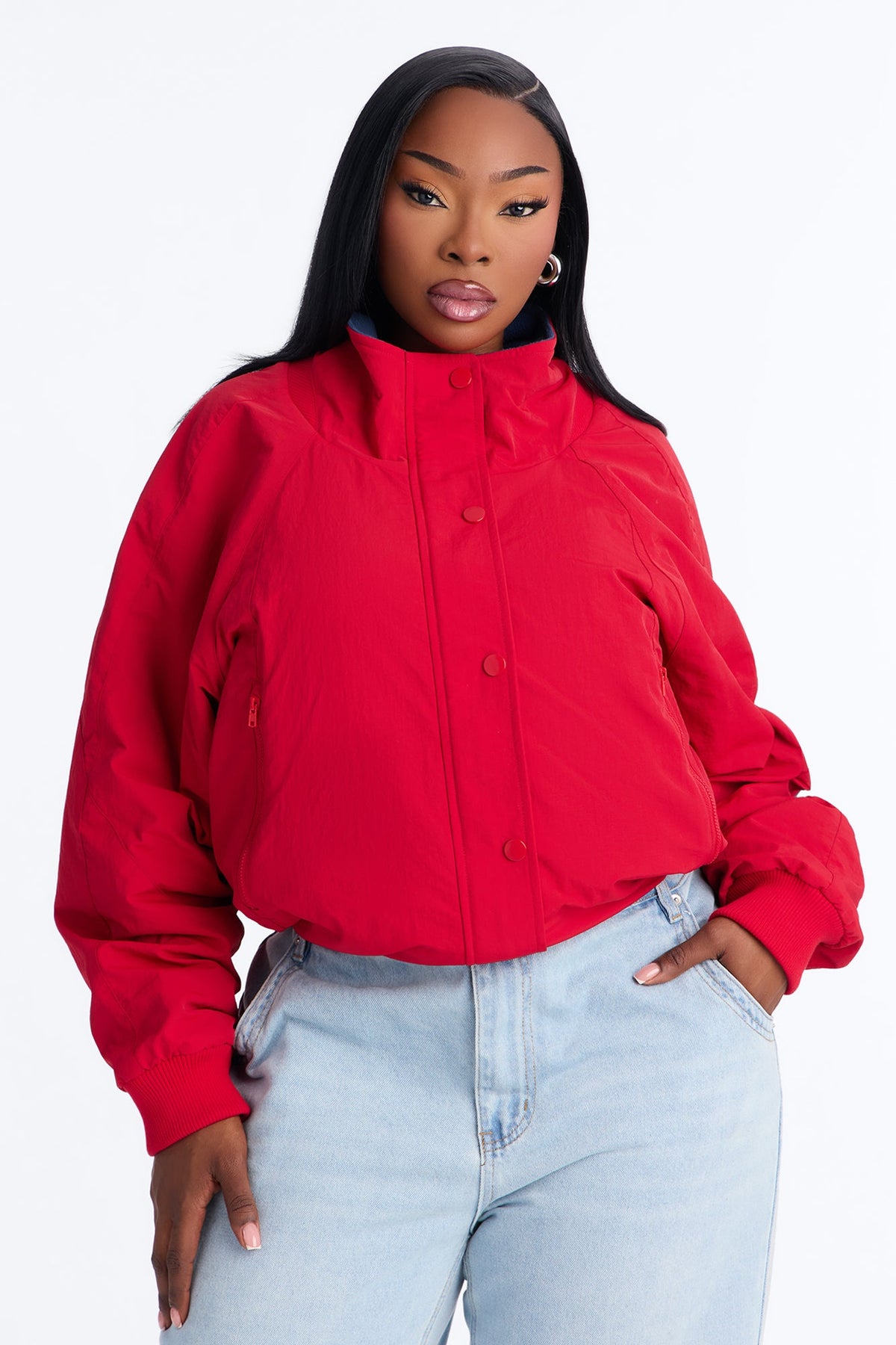 Everyday Muse Nylon Fur Trim Bomber Jacket - Red