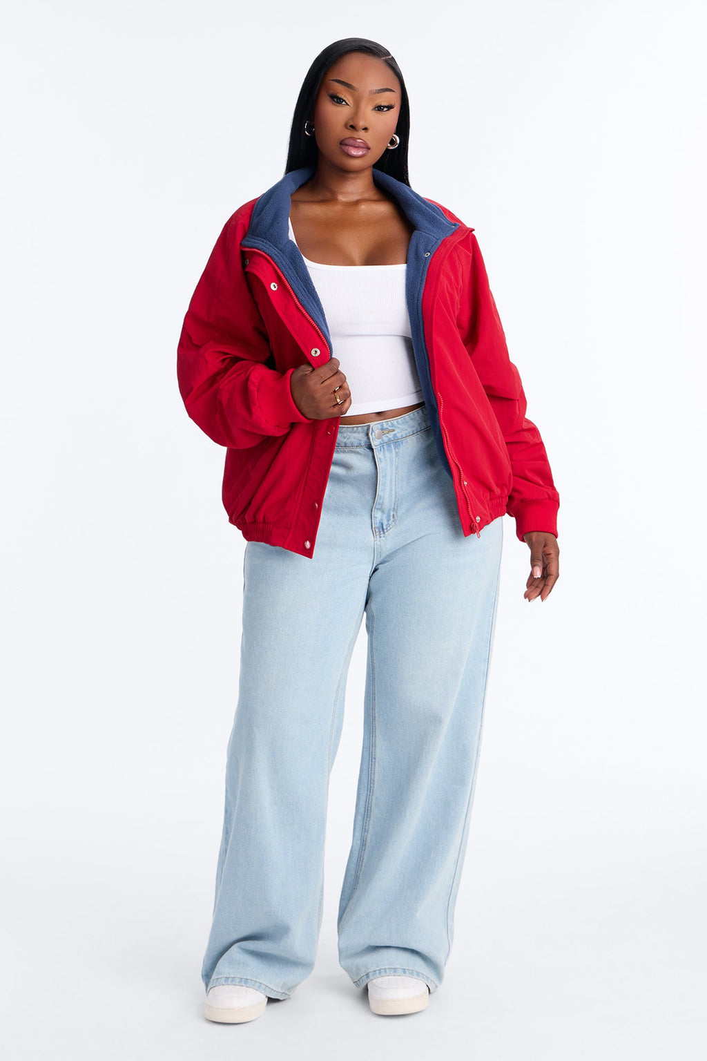 Everyday Muse Nylon Fur Trim Bomber Jacket - Red