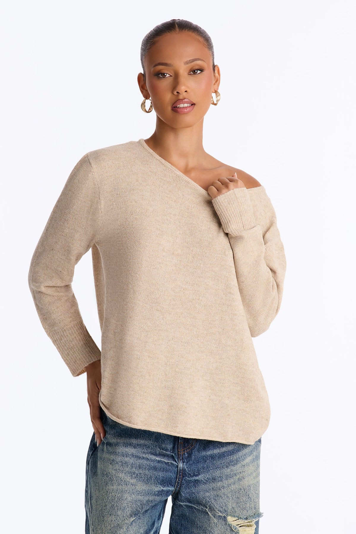 Ellen One Shoulder Oversized Sweater - Beige