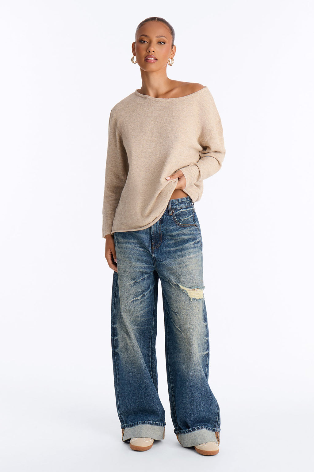 Ellen One Shoulder Oversized Sweater - Beige