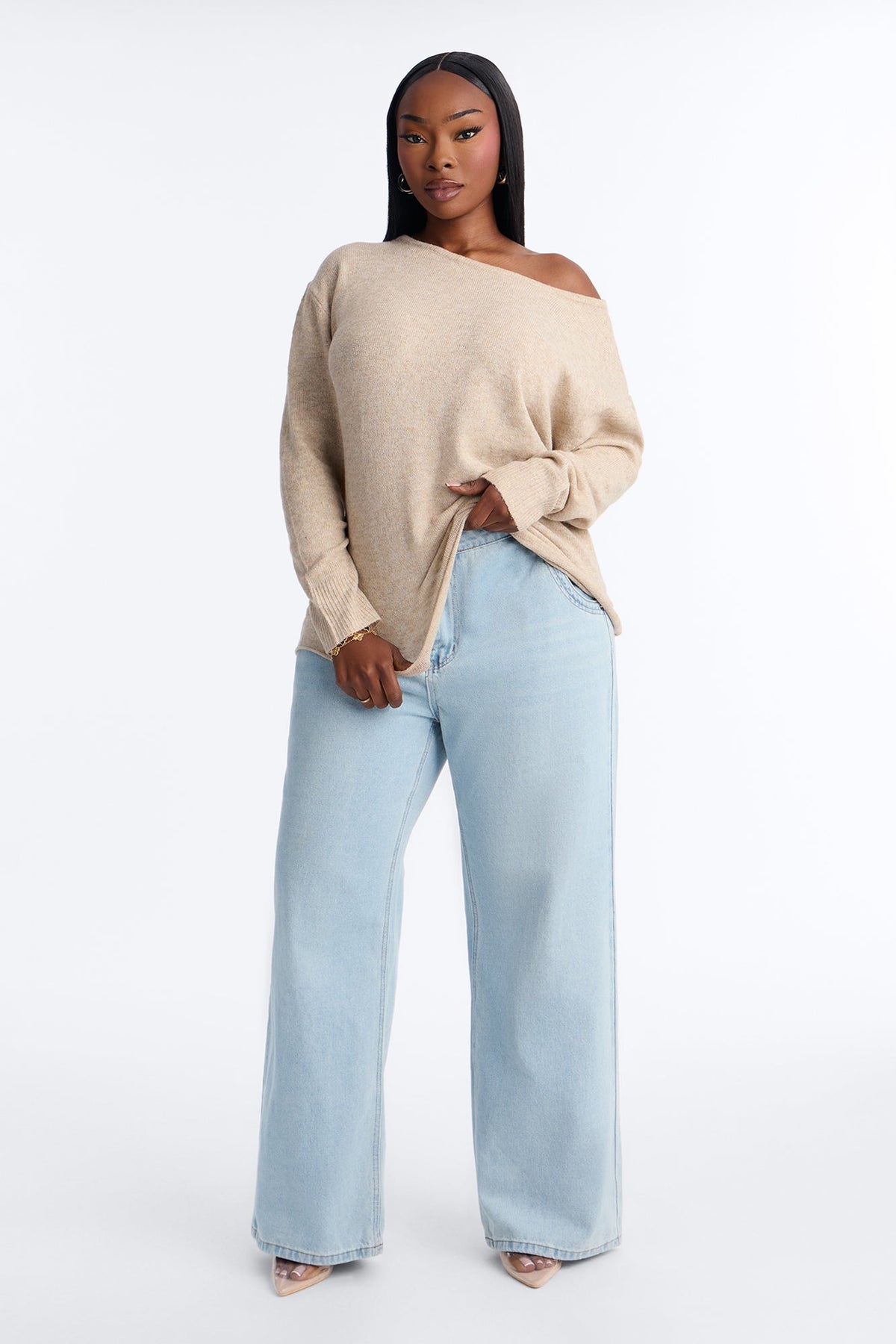 Ellen One Shoulder Oversized Sweater - Beige
