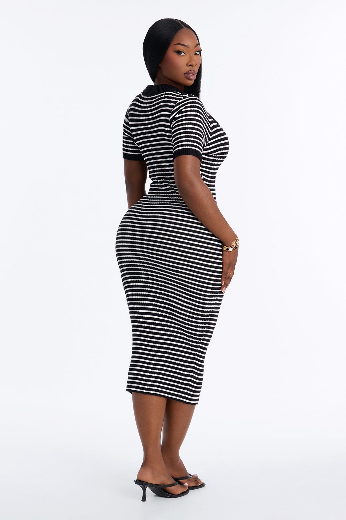 Maddy Striped Ribbed Midi Dress - Black/White