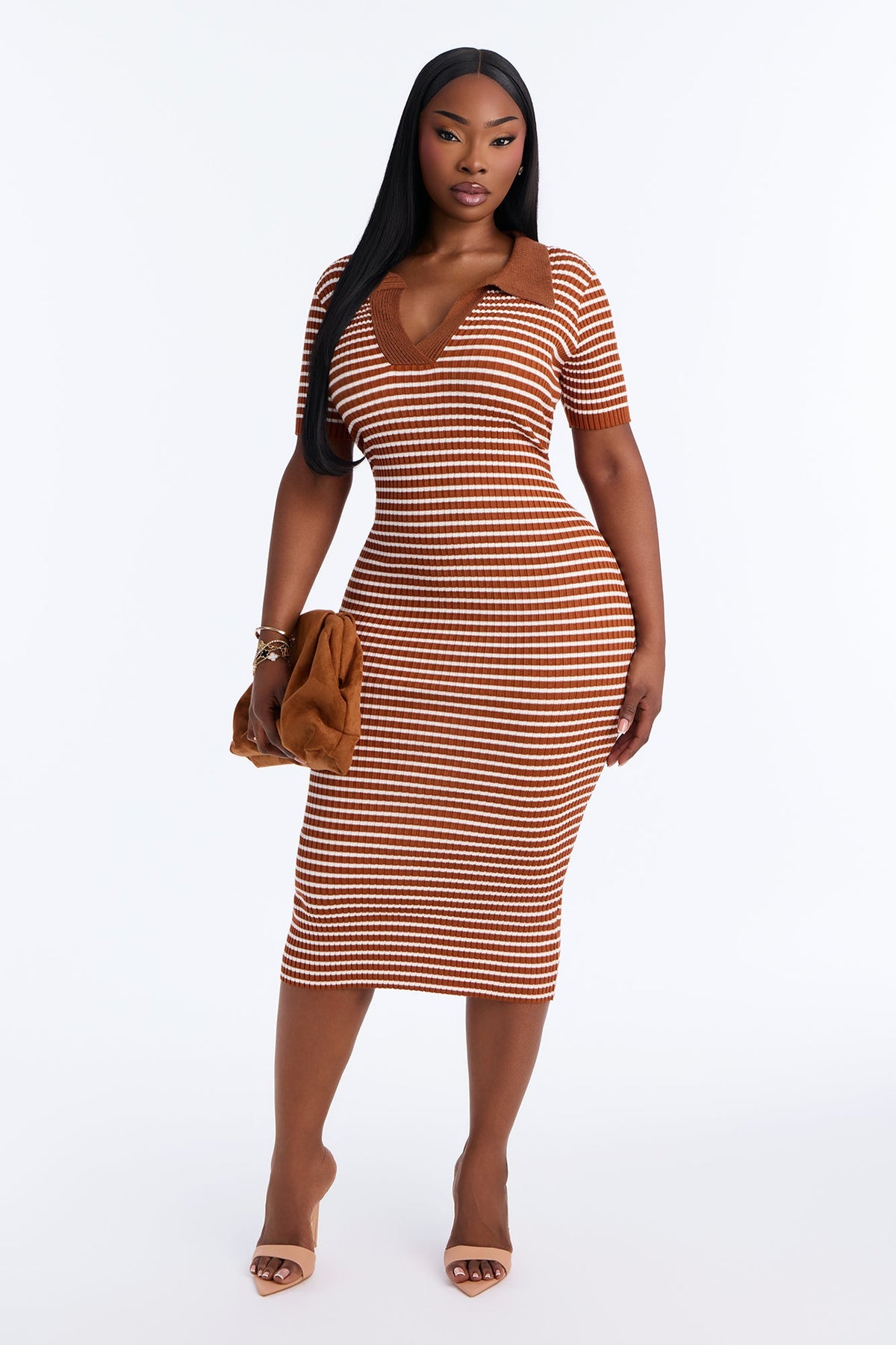 Maddy Striped Ribbed Midi Dress - Brown/combo