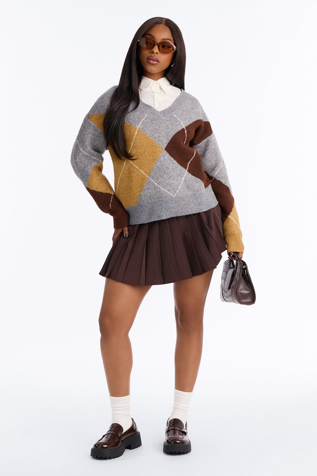 Cozy Core Argyle Pullover Sweater - Grey/combo