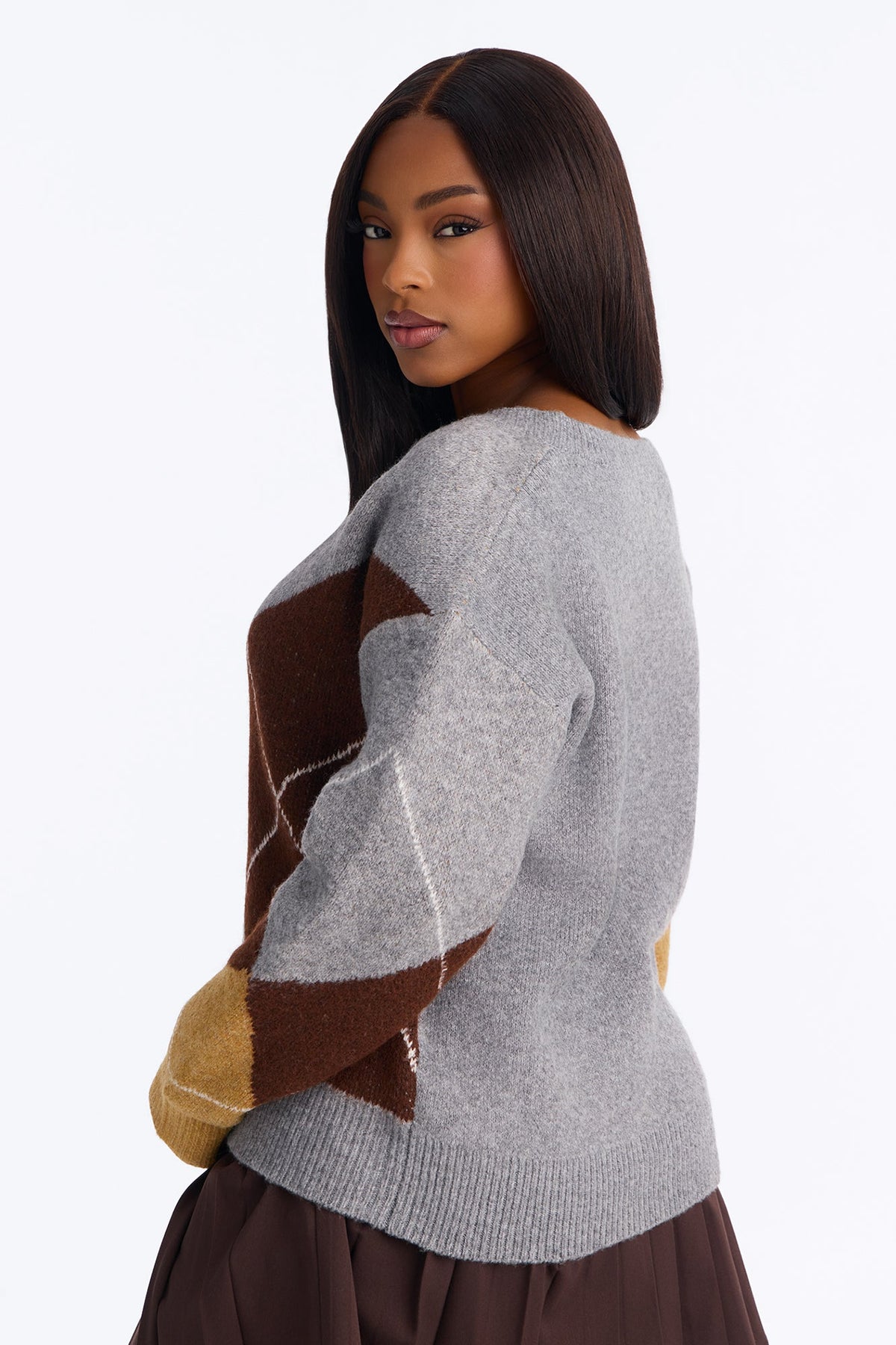 Cozy Core Argyle Pullover Sweater - Grey/combo