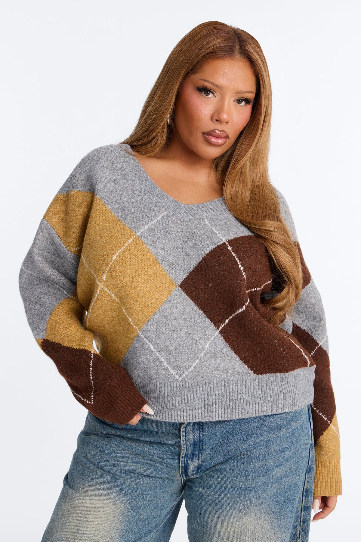 Cozy Core Argyle Pullover Sweater - Grey/combo