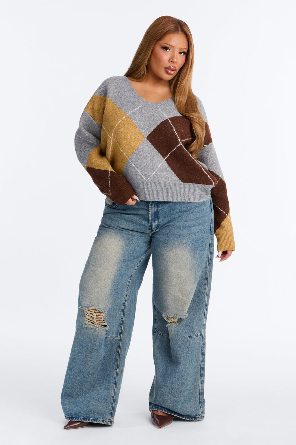 Cozy Core Argyle Pullover Sweater - Grey/combo