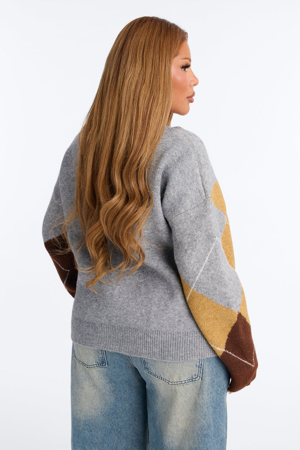 Cozy Core Argyle Pullover Sweater - Grey/combo