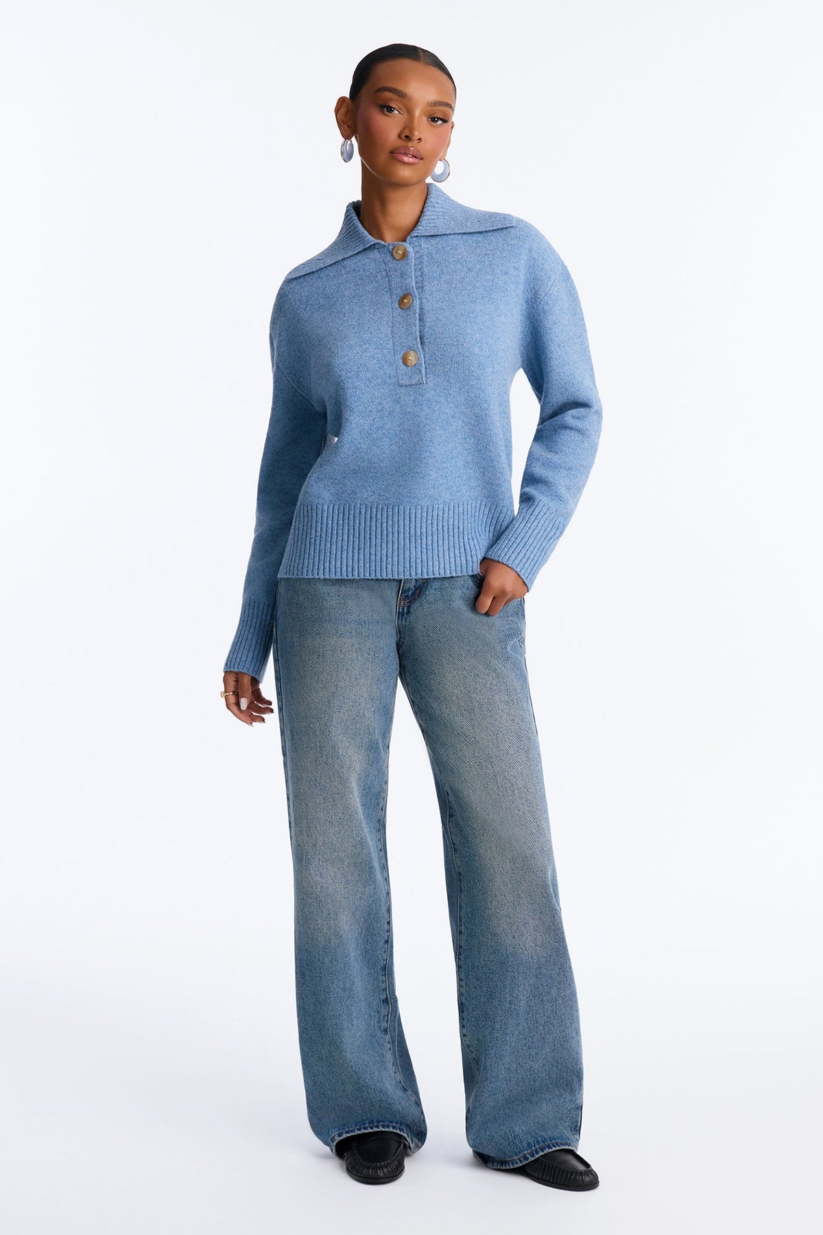 Colored Leaves Button Up Pullover Sweater - Blue