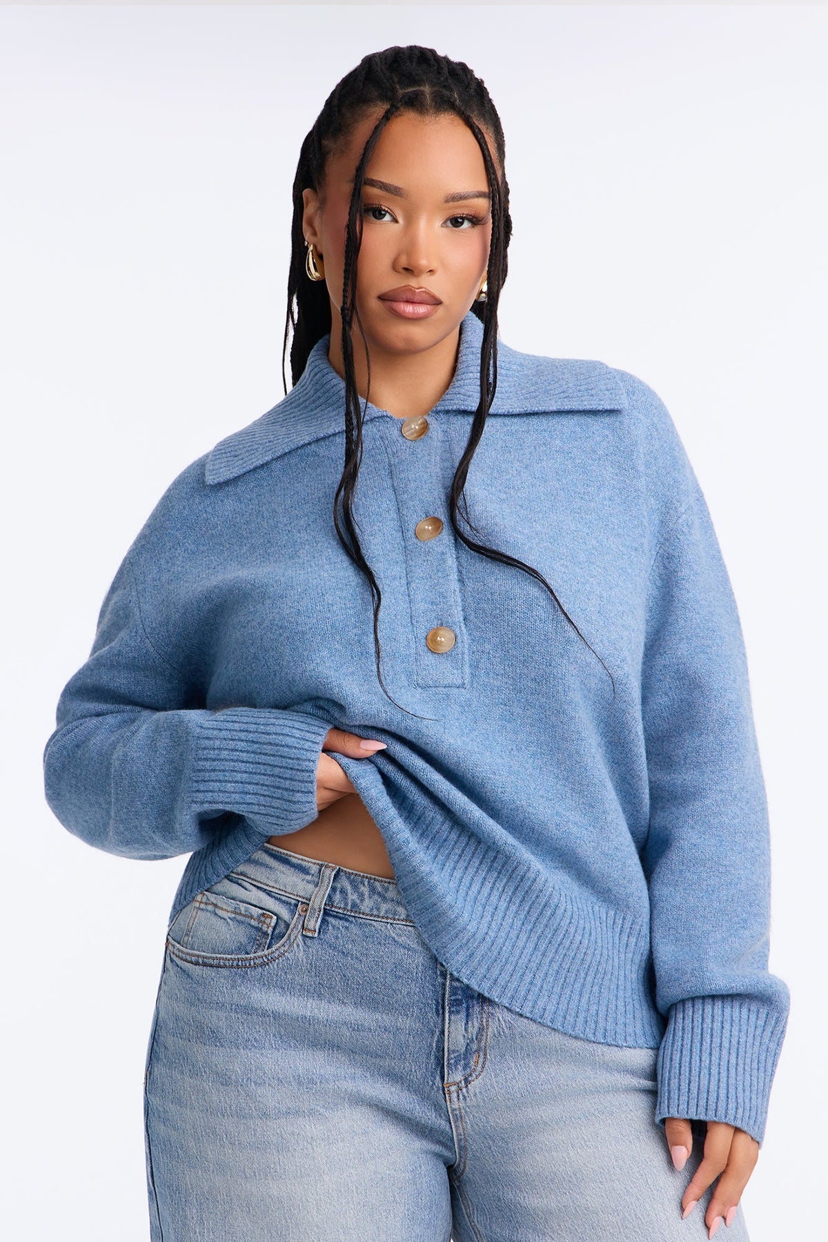 Colored Leaves Button Up Pullover Sweater - Blue