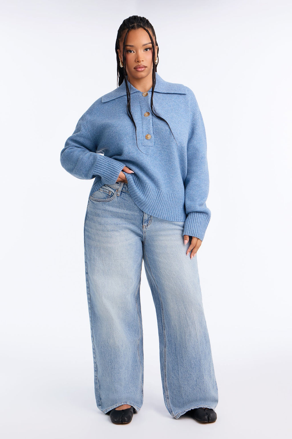 Colored Leaves Button Up Pullover Sweater - Blue