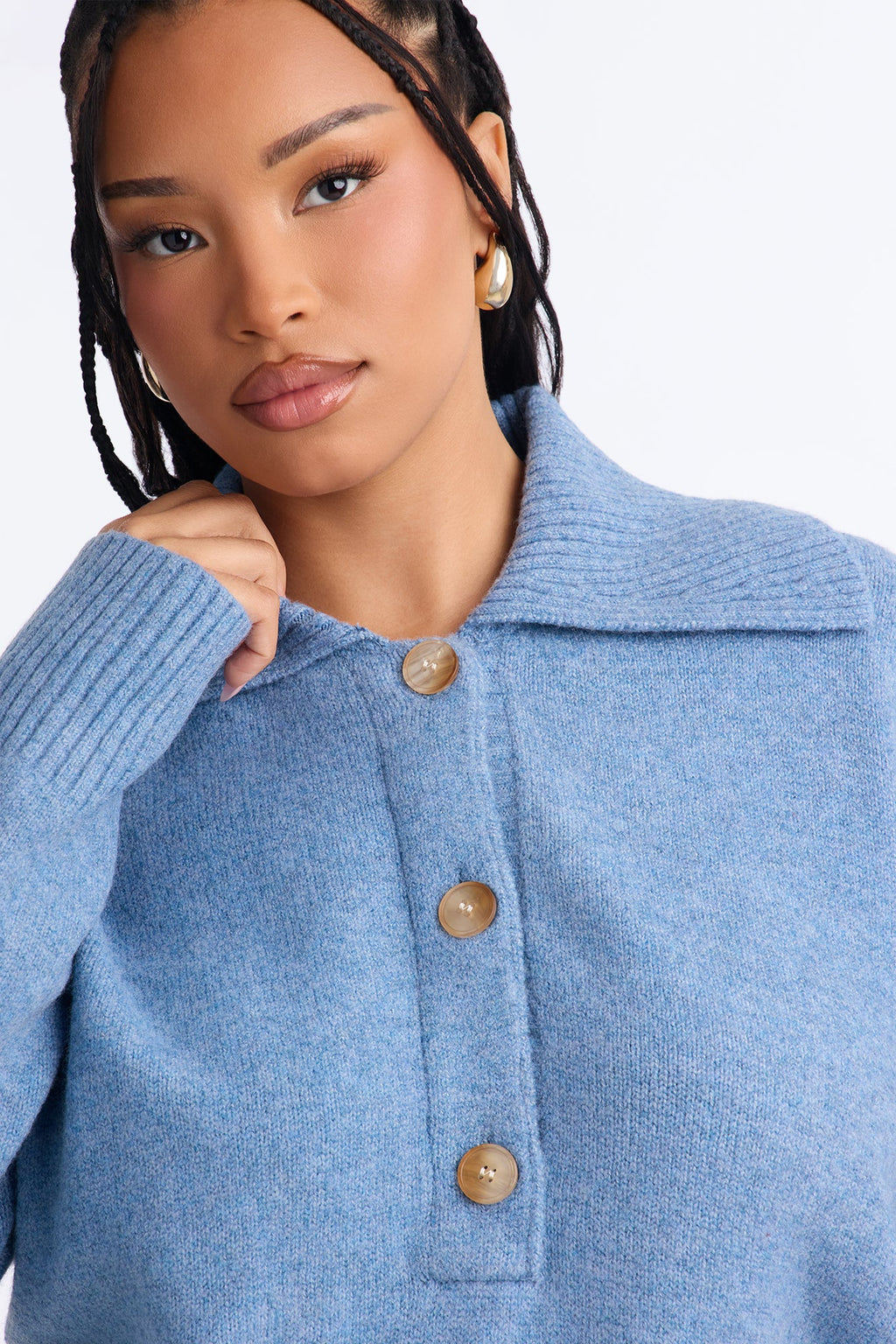 Colored Leaves Button Up Pullover Sweater - Blue
