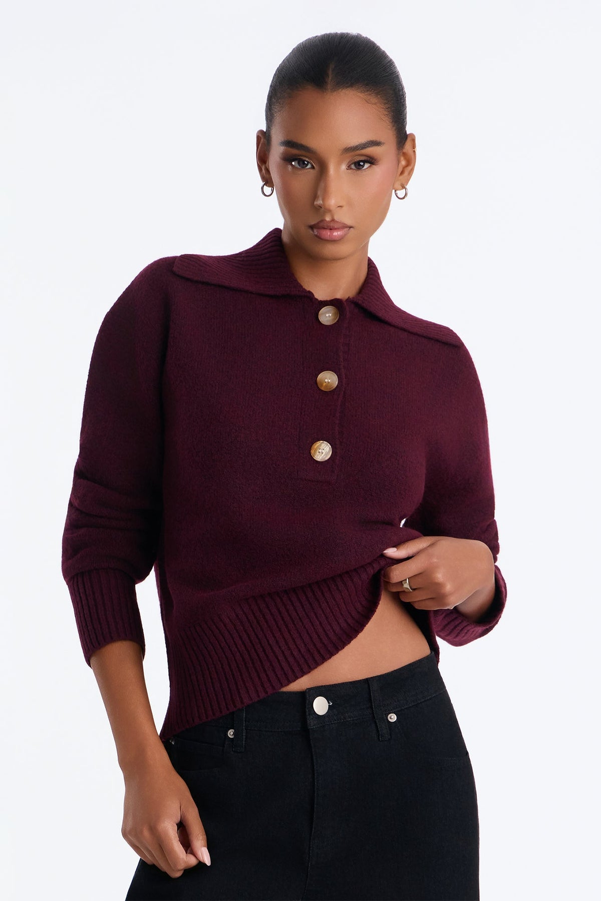 Colored Leaves Button Up Pullover Sweater - Burgundy