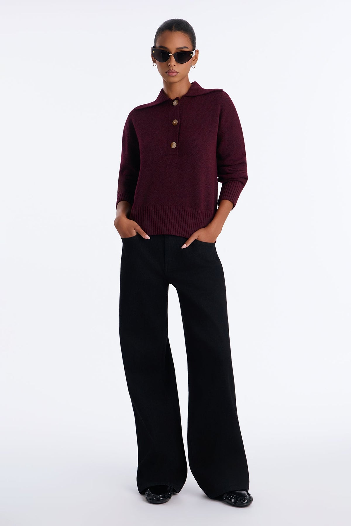 Colored Leaves Button Up Pullover Sweater - Burgundy