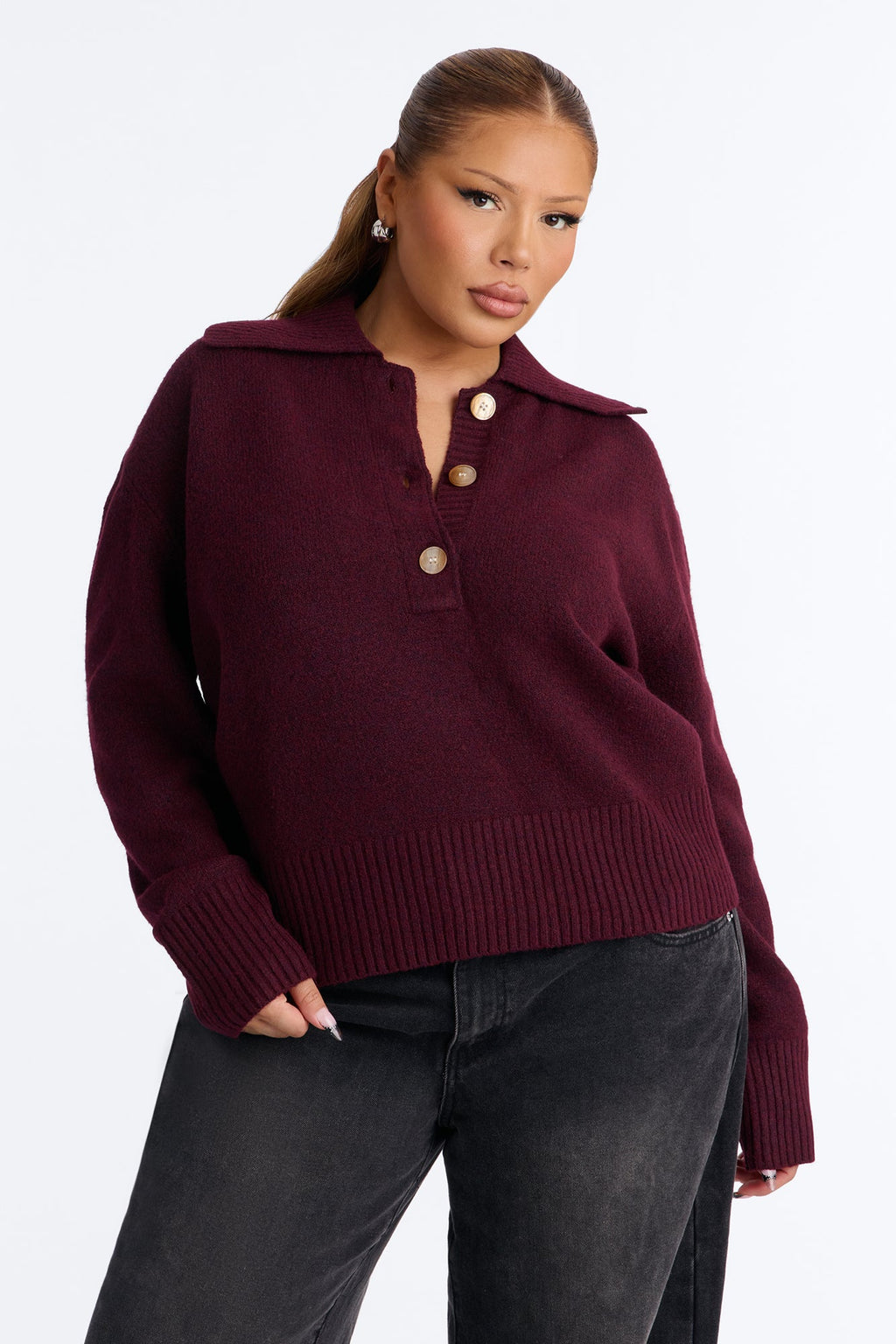 Colored Leaves Button Up Pullover Sweater - Burgundy