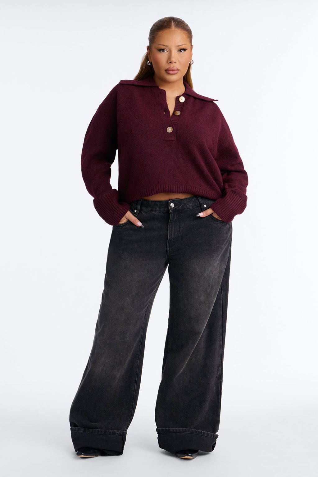 Colored Leaves Button Up Pullover Sweater - Burgundy