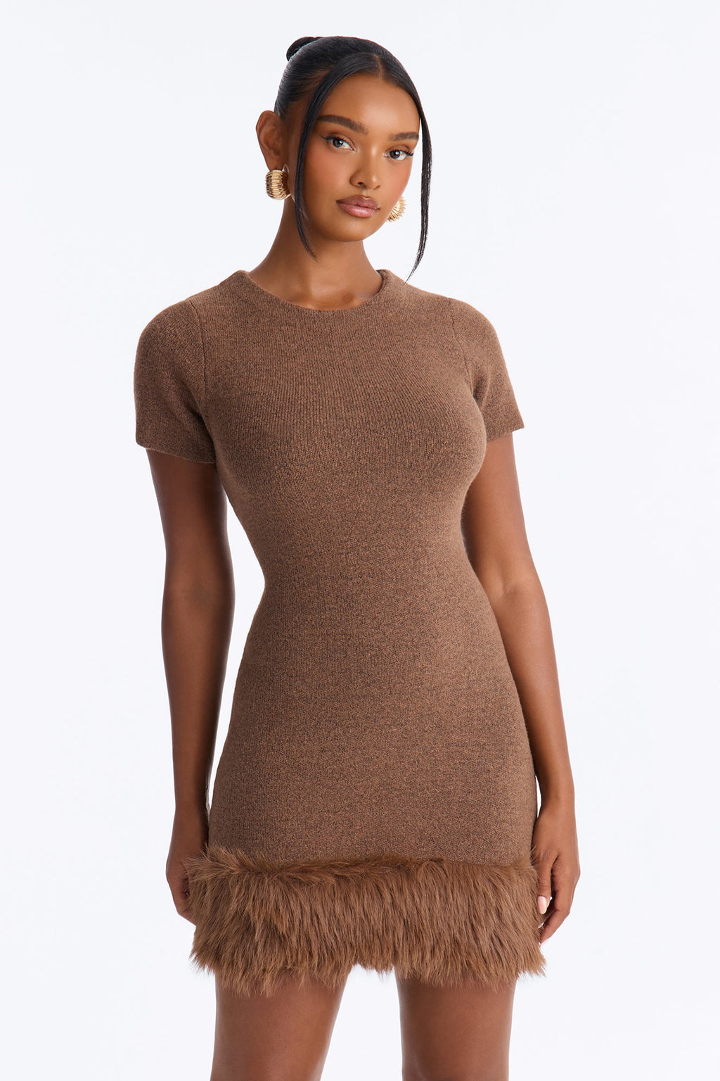 Autumn Fur Trim Sweater Mini Dress - Brown