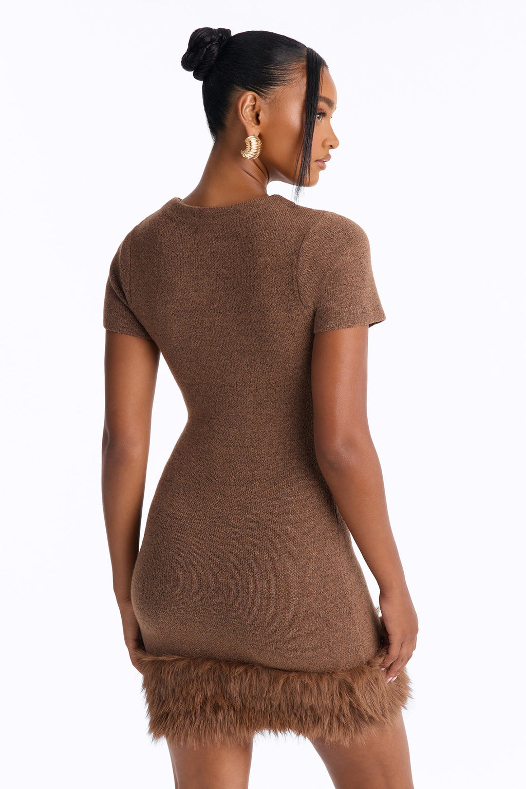 Autumn Fur Trim Sweater Mini Dress - Brown