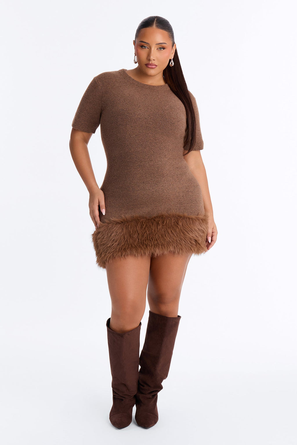 Autumn Fur Trim Sweater Mini Dress - Brown