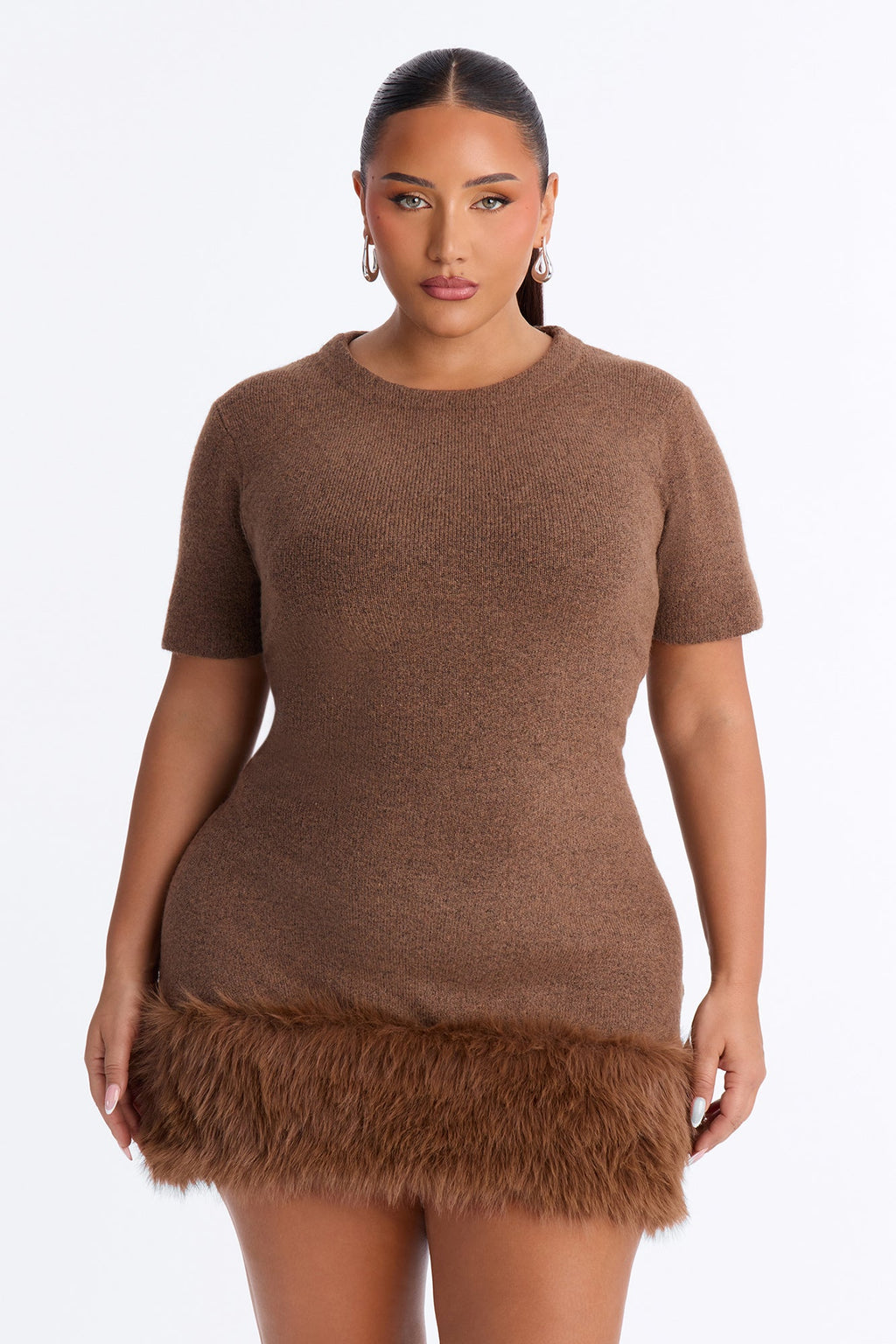 Autumn Fur Trim Sweater Mini Dress - Brown