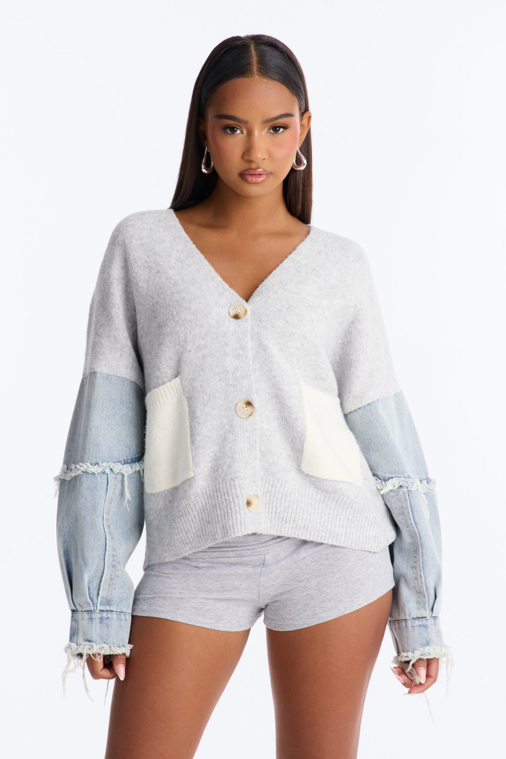 Not The Same Denim Contrast Cardigan - Grey