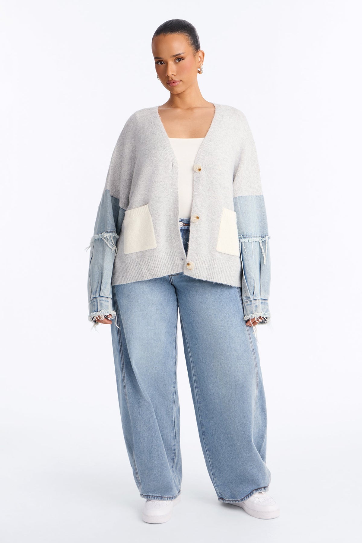 Not The Same Denim Contrast Cardigan - Grey