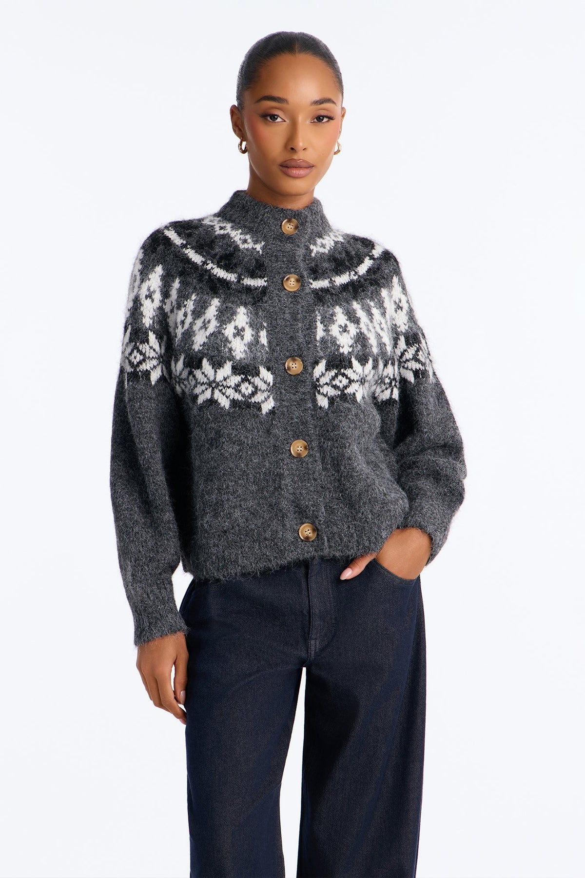 Autumn Touch Fuzzy Fair Isle Cardigan - Charcoal/combo