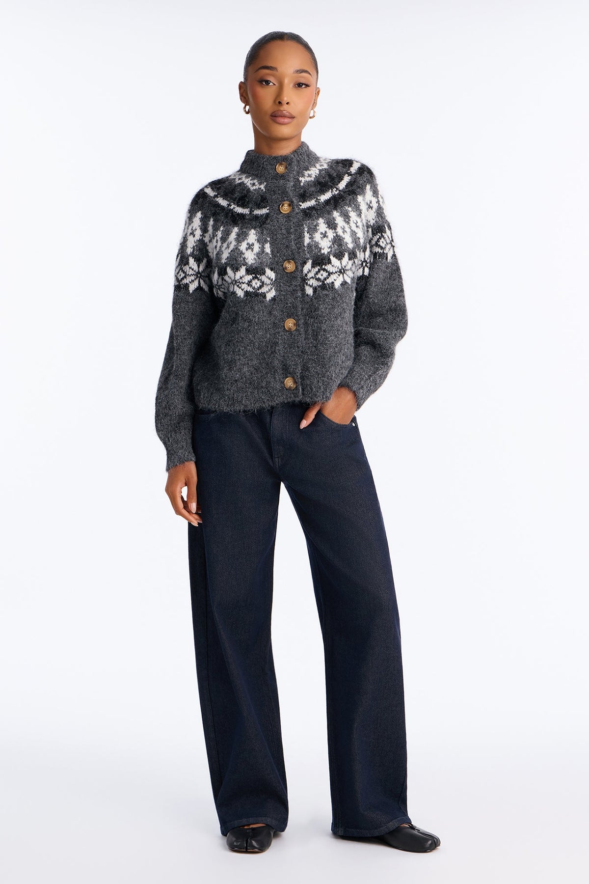 Autumn Touch Fuzzy Fair Isle Cardigan - Charcoal/combo