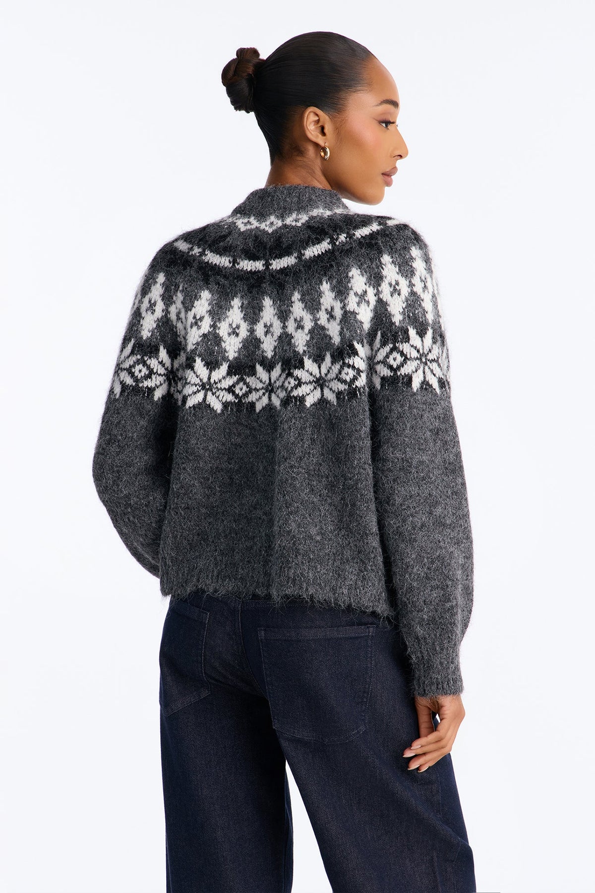 Autumn Touch Fuzzy Fair Isle Cardigan - Charcoal/combo
