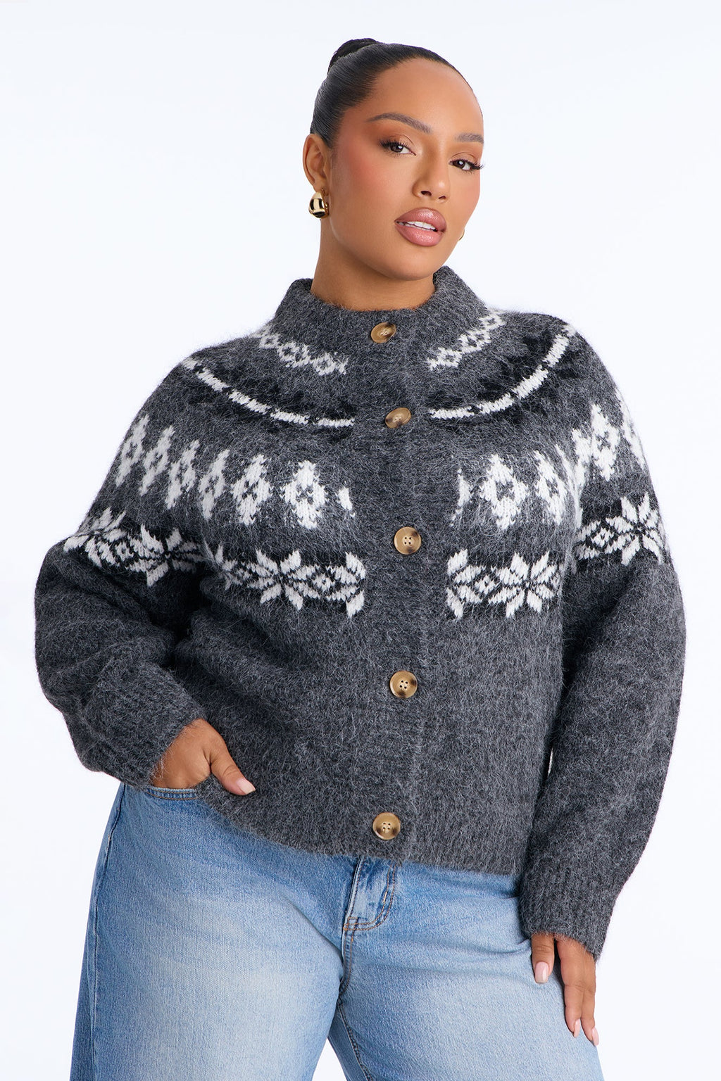 Autumn Touch Fuzzy Fair Isle Cardigan - Charcoal/combo