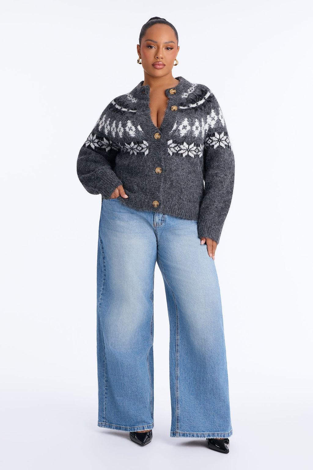 Autumn Touch Fuzzy Fair Isle Cardigan - Charcoal/combo