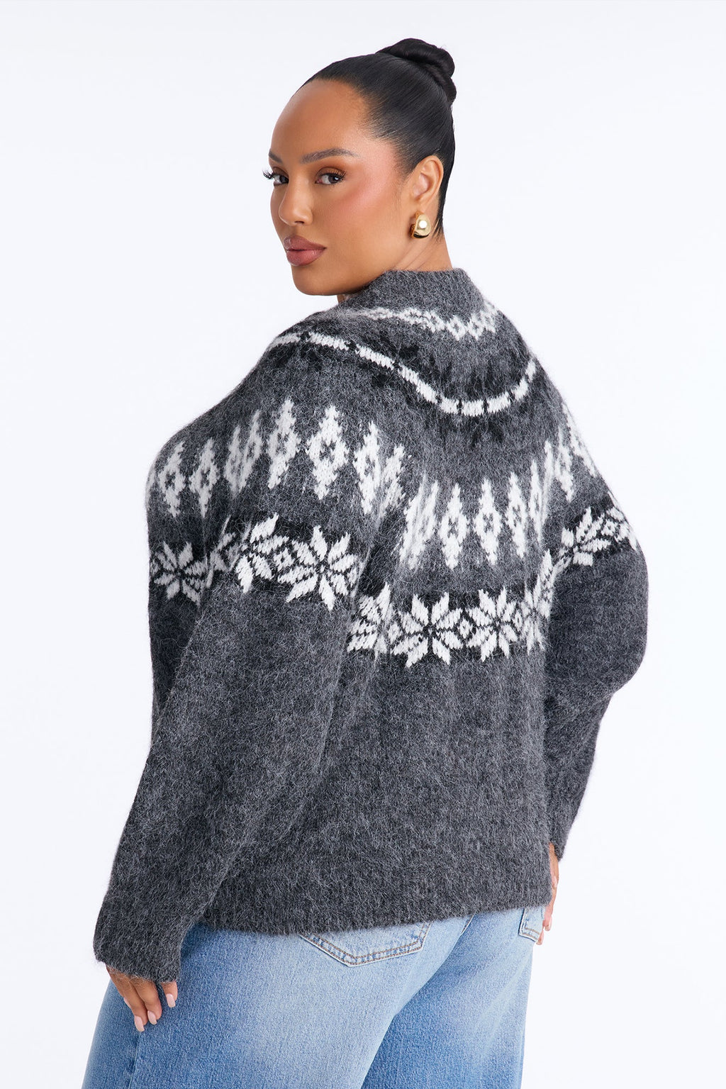 Autumn Touch Fuzzy Fair Isle Cardigan - Charcoal/combo