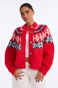 Autumn Touch Fuzzy Fair Isle Cardigan - Red/combo