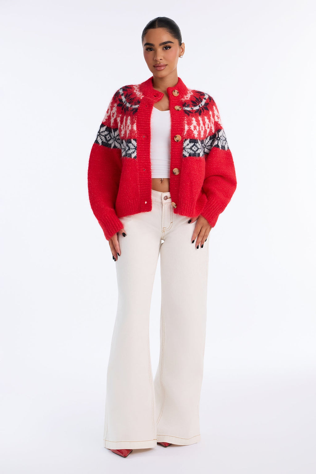 Autumn Touch Fuzzy Fair Isle Cardigan - Red/combo