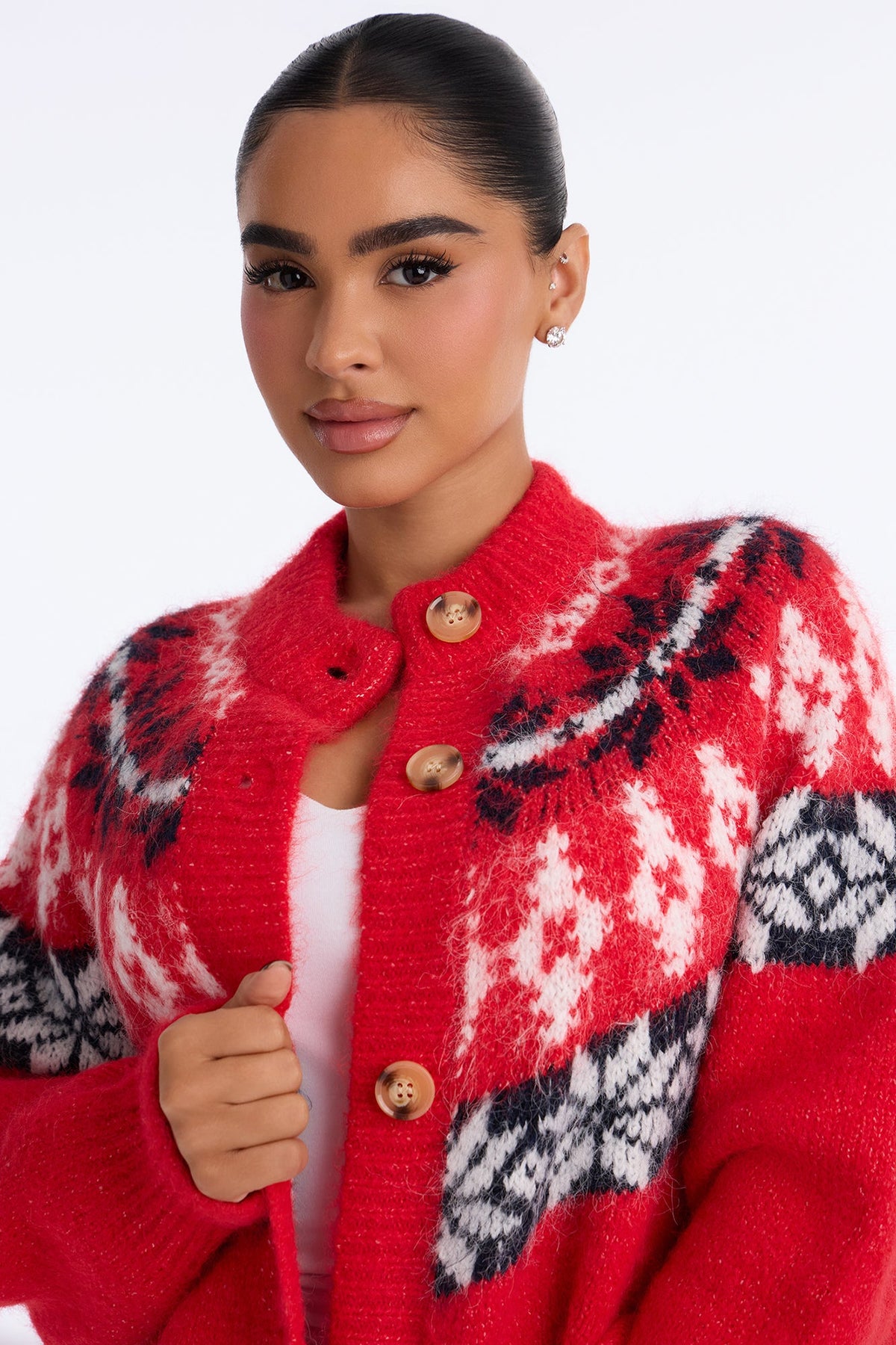 Autumn Touch Fuzzy Fair Isle Cardigan - Red/combo
