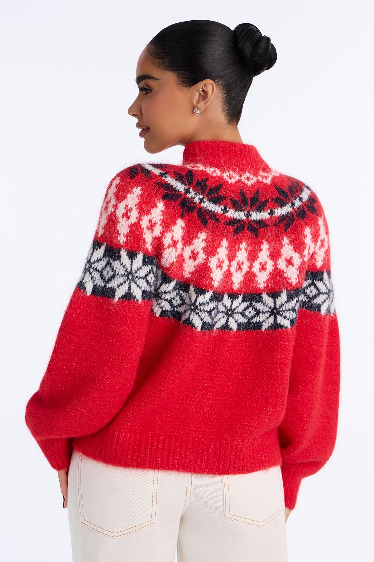 Autumn Touch Fuzzy Fair Isle Cardigan - Red/combo
