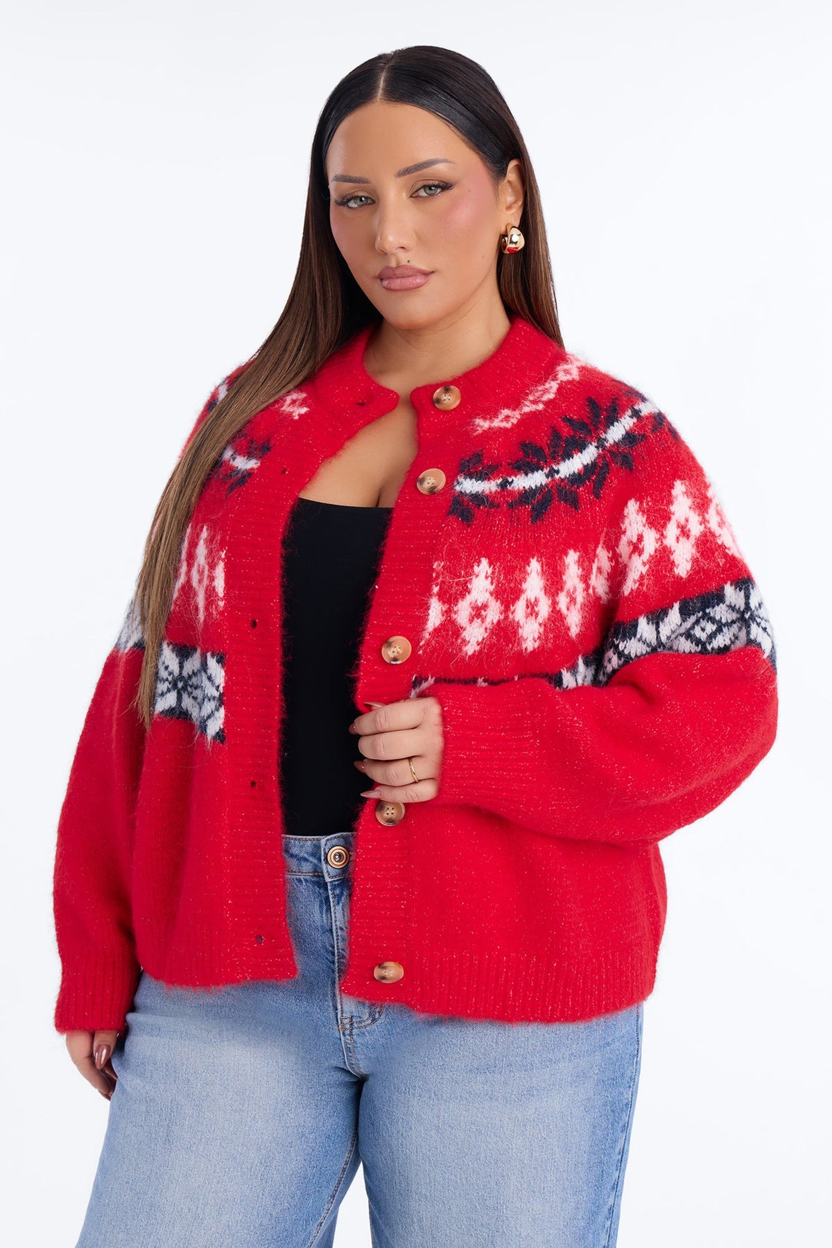 Autumn Touch Fuzzy Fair Isle Cardigan - Red/combo