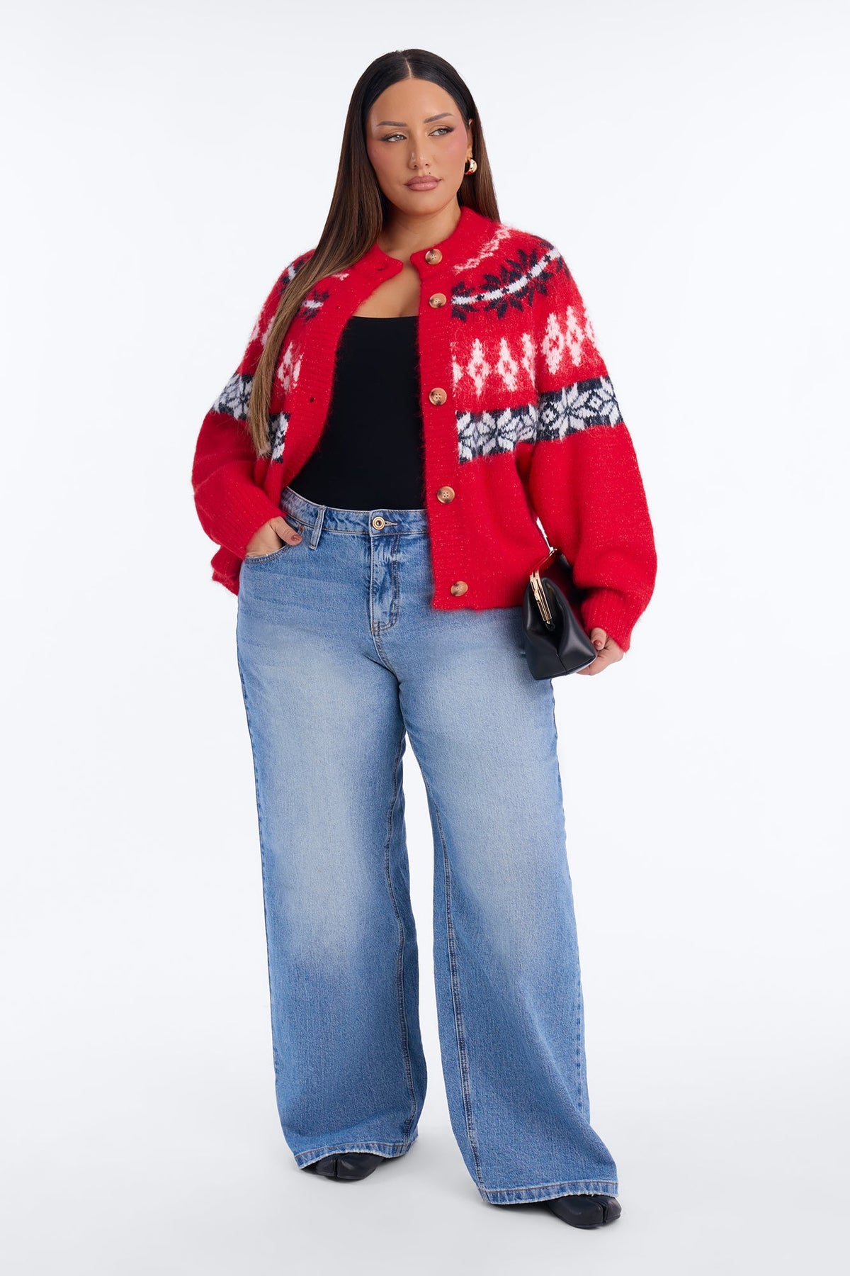 Autumn Touch Fuzzy Fair Isle Cardigan - Red/combo