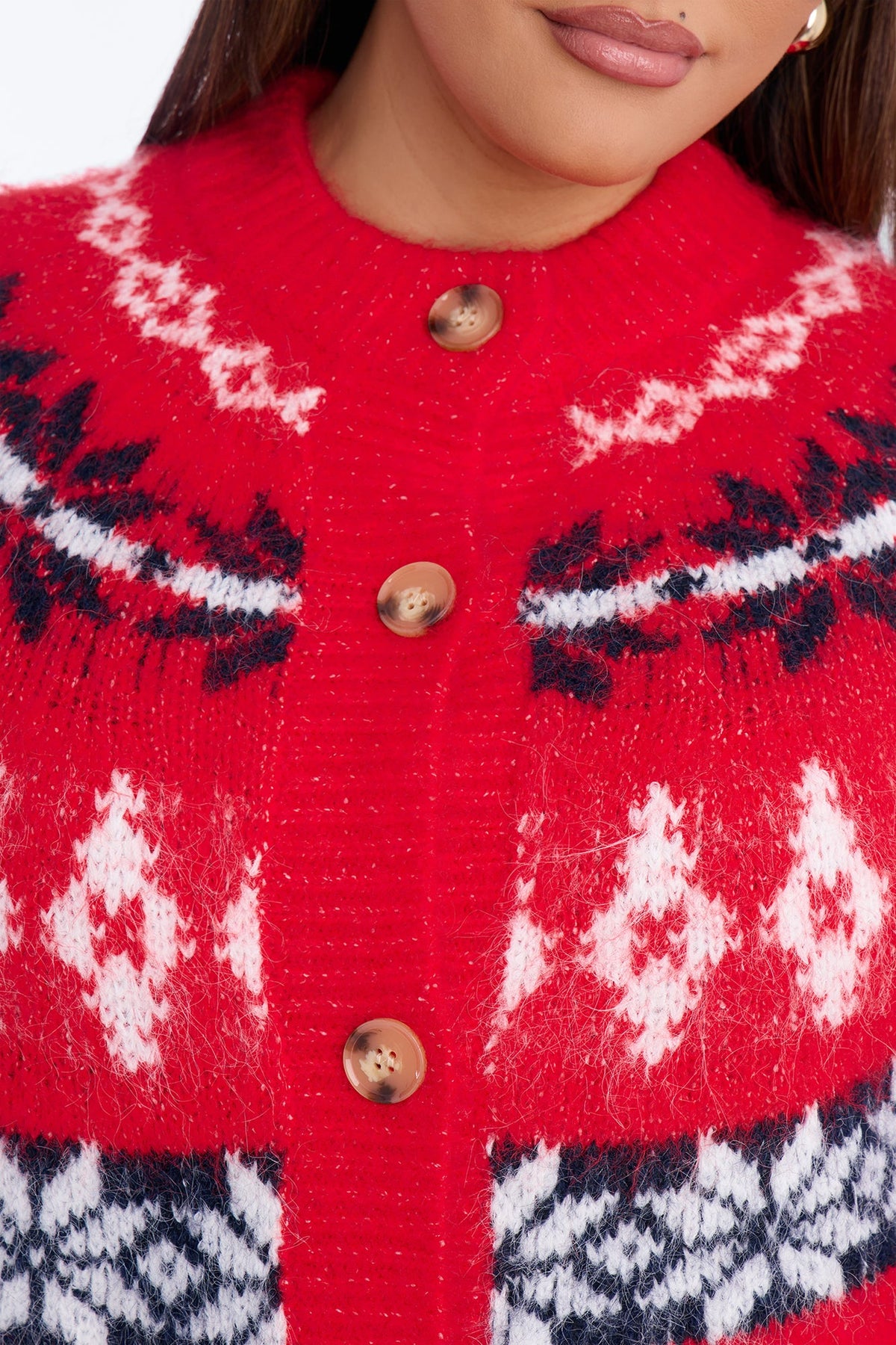 Autumn Touch Fuzzy Fair Isle Cardigan - Red/combo