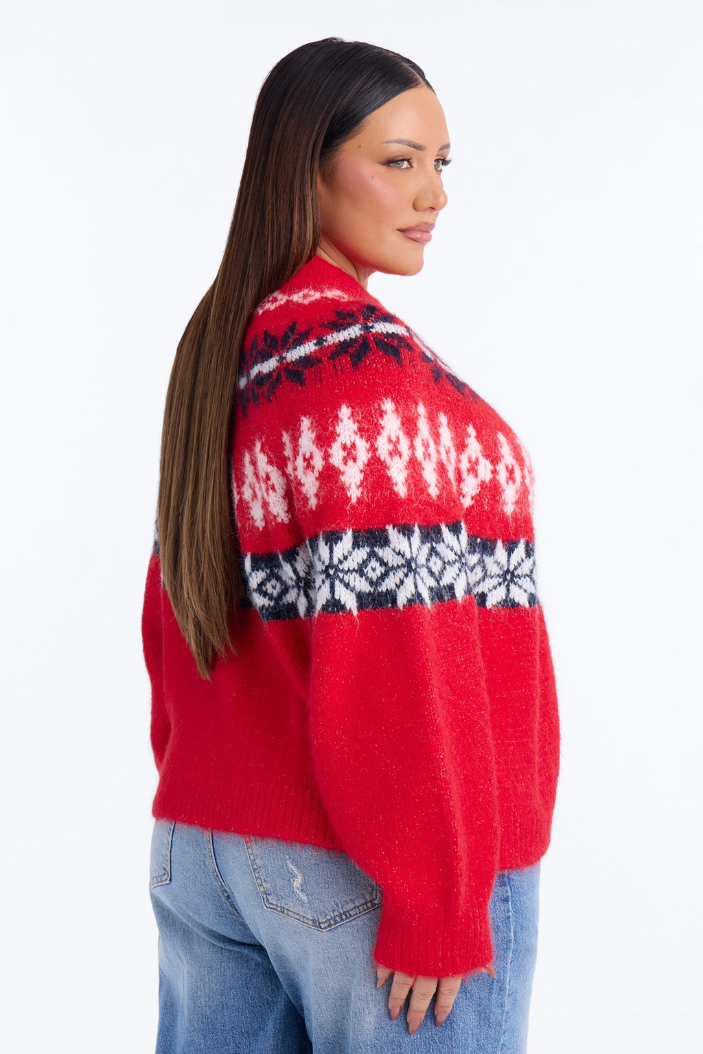 Autumn Touch Fuzzy Fair Isle Cardigan - Red/combo