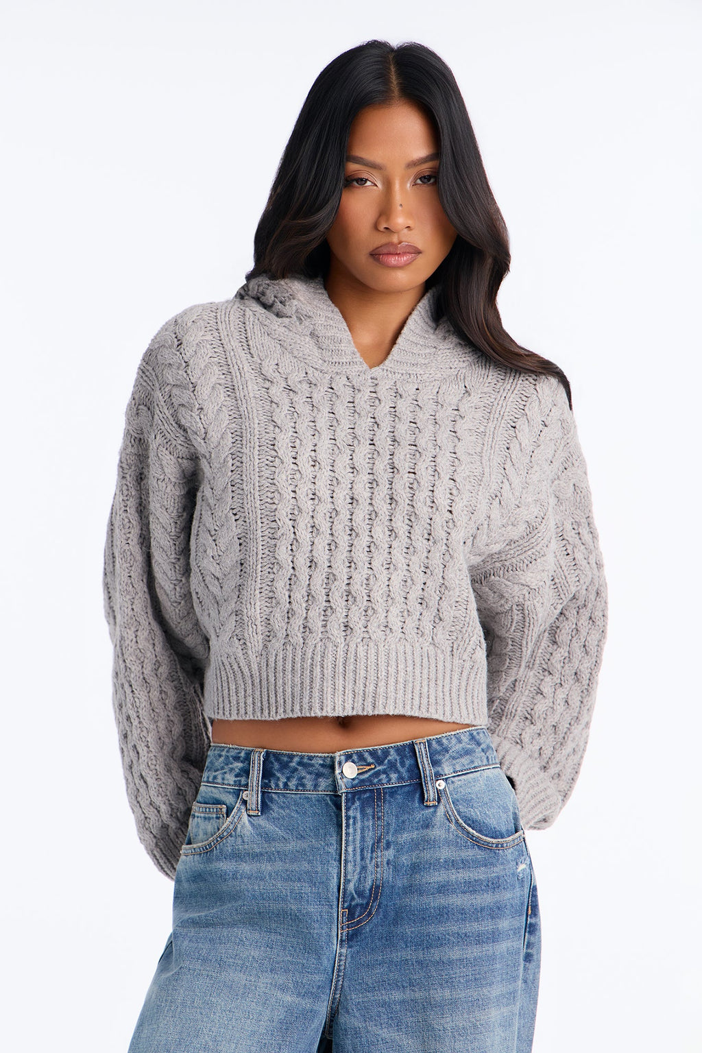 Fall Feels Only Chunky Yarn Hooded Sweater - Grey