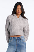 Fall Feels Only Chunky Yarn Hooded Sweater - Grey