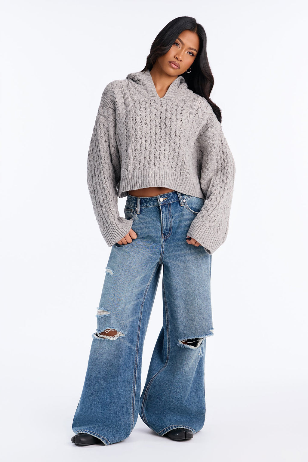 Fall Feels Only Chunky Yarn Hooded Sweater - Grey
