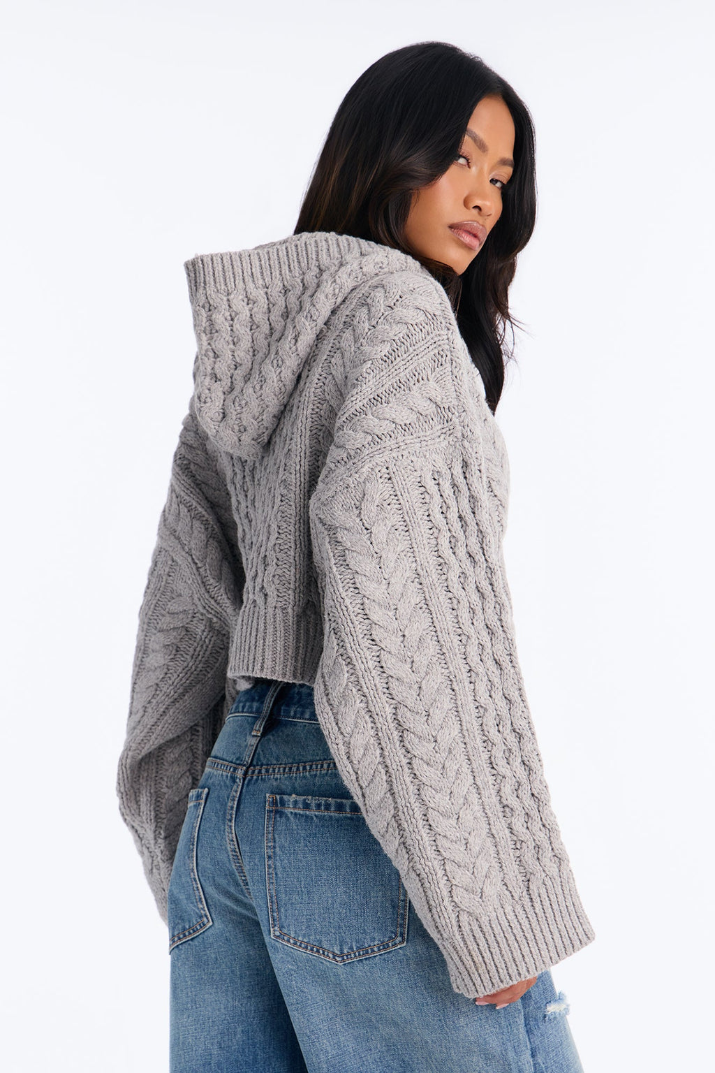 Fall Feels Only Chunky Yarn Hooded Sweater - Grey