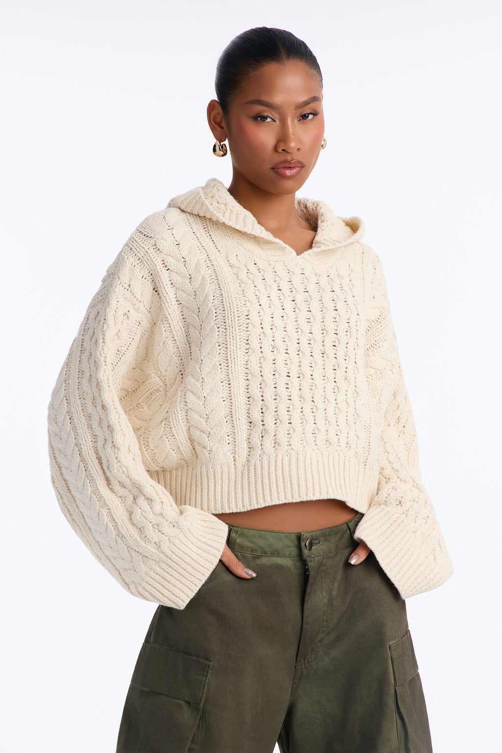 Fall Feels Only Chunky Yarn Hooded Sweater - Ivory
