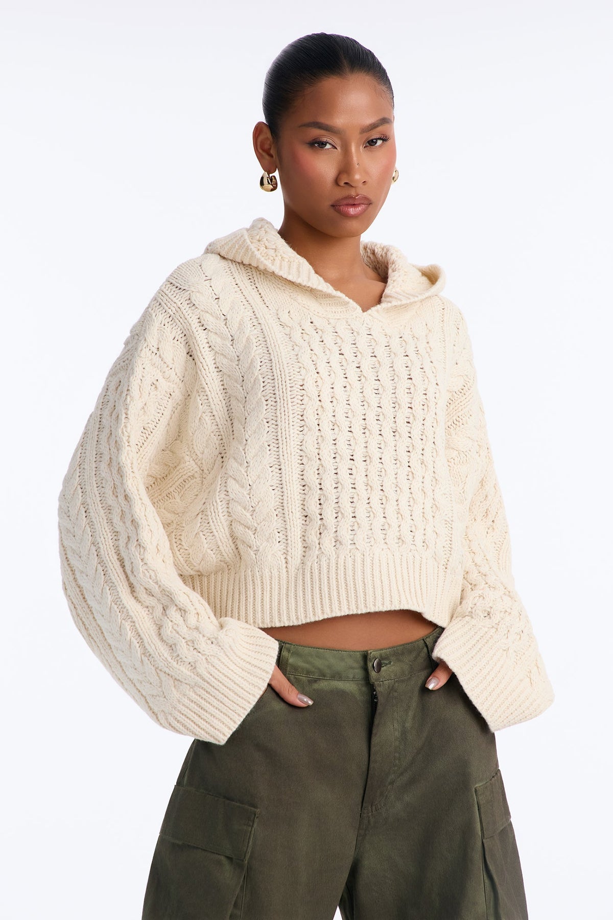 Fall Feels Only Chunky Yarn Hooded Sweater - Ivory