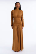 Ariana Long Sleeve Ruched Maxi Dress - Cognac